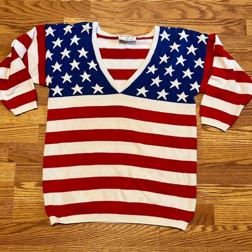 Vintage American Flag V Neck Sweater 3/4 Sleeve Women's Made in USA 100% Cotton